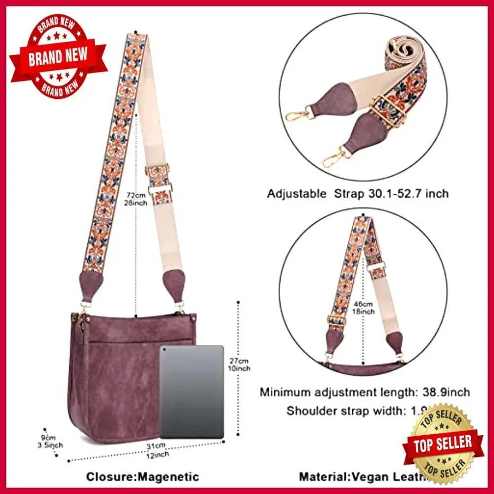 Vegan Leather Hobo Crossbody Bag with Adjustable Guitar Strap